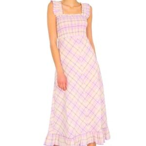 GANNI Plaid Ruffle Smocked Midi Dress